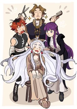  2boys 2girls alos_(alosrovolo) bandaged_arm bandages beard black_boots black_coat black_gloves black_roots black_vest blunt_bangs boots breasts brown_dress brown_hair closed_eyes coat comb dress drooling earrings elf facial_hair fern_(sousou_no_frieren) fingerless_gloves frieren full_body furrowed_brow gloves goatee grey_hair hair_ornament hairclip half_updo hand_in_another's_hair highres hime_cut holding holding_comb holding_scissors jewelry long_hair medium_breasts messy_hair mouth_drool multiple_boys multiple_girls open_mouth parted_bangs pointy_ears purple_hair red_hair scissors sein_(sousou_no_frieren) short_hair sidelocks sitting sousou_no_frieren sparkle stark_(sousou_no_frieren) sweatdrop thick_eyebrows vest white_background white_dress 