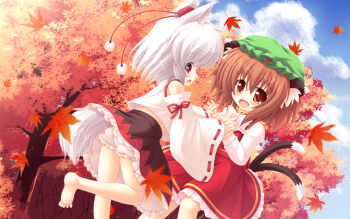  2girls animal_ears bad_id bad_pixiv_id bare_shoulders barefoot bloomers blush brown_hair cat_ears cat_girl cat_tail chen child cloud detached_sleeves earrings female_focus holding_hands hat highres interlocked_fingers inubashiri_momiji jewelry leaf maple_leaf maple_tree multiple_girls multiple_tails open_mouth red_eyes short_hair silver_hair skirt sky smile tail tokin_hat touhou tree underwear wolf_ears wolf_tail yokuran  rating:Sensitive score:10 user:danbooru
