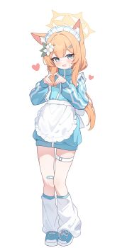 1girl absurdres alternate_costume animal_ears apron loose_socks bandaid bandaid_on_knee bandaid_on_leg blue_archive blue_eyes blue_footwear blue_jacket blush commentary_request flower frilled_apron frills hair_between_eyes hair_flower hair_ornament halo heart heart_hands highres jacket jersey_maid long_hair long_sleeves looking_at_viewer low_ponytail maid maid_apron mari_(blue_archive) nonddu open_mouth orange_hair ponytail simple_background smile socks solo sweat tenshi_kaiwai thigh_strap track_jacket unconventional_maid waist_apron white_background white_flower white_socks yellow_halo rating:General score:18 user:danbooru