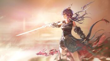  1girl arknights artist_request bare_shoulders belt blue_hair ch'en_(arknights) ch'en_the_dawnstreak_(arknights) cowboy_shot detached_sleeves dragon_tail eastern_dragon_tail energy_weapon feet_out_of_frame floating_clothes floating_hair game_cg glowing glowing_weapon hand_up highres holding holding_sword holding_weapon horns official_art profile red_eyes serious sheath shorts sidelighting solo sword tail third-party_source variant_set weapon 