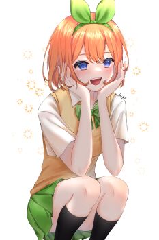  1girl :d absurdres asahiyama_high_school_uniform black_socks blue_eyes blue_pupils blush bow bowtie collared_shirt commentary convenient_leg double-parted_bangs feet_out_of_frame go-toubun_no_hanayome green_bow green_bowtie green_hairband green_ribbon green_skirt hair_between_eyes hair_ribbon hairband hands_on_own_cheeks hands_on_own_face hands_up highres kanayell kneehighs looking_ahead medium_hair miniskirt nakano_yotsuba open_mouth orange_hair plaid_bow plaid_bowtie plaid_clothes pleated_skirt ribbon school_uniform shirt short_sleeves simple_background skirt smile socks solo squatting sweater_vest teeth upper_teeth_only white_background white_shirt yellow_sweater_vest 