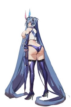  1girl :3 absurdres alternate_costume ass azur_lane bikini bikini_bottom_only blue_eyes blue_hair blue_shrug blush breasts closed_umbrella clothing_cutout eyewear_on_head facing_away full_body goggles goggles_on_head hair_between_eyes high_heels highres holding holding_umbrella kaba_(hama) large_breasts long_hair looking_at_viewer looking_back new_jersey_(azur_lane) new_jersey_(black_blur_prelude)_(azur_lane) official_alternate_costume shoulder_cutout shrug_(clothing) sideboob simple_background solo swimsuit thighhighs tinted_eyewear twintails umbrella very_long_hair white_background 