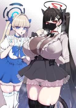  2girls alternate_breast_size_(larger) belt_collar blonde_hair blue_archive blue_eyes blush bow bowtie breasts bright_pupils collar covered_erect_nipples cowboy_shot dithered_background double_v dress earrings halo hanauna highres huge_breasts jewelry long_hair looking_at_viewer mask microskirt mouth_mask multiple_girls open_mouth pubic_hair red_eyes rio_(blue_archive) short_dress skirt thighhighs thong toki_(blue_archive) twintails v very_long_hair zettai_ryouiki 