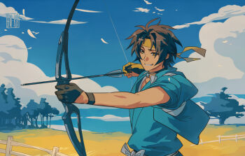  1boy archery arrow_(projectile) artist_name asaba_harumasa asymmetrical_gloves black_gloves black_hair blue_kimono blue_sky bow_(weapon) choker cloud collarbone commentary drawing_bow english_commentary fence field gloves headband holding holding_bow_(weapon) holding_weapon japanese_clothes kaa05n2 kimono kyuudou male_focus mismatched_gloves outdoors parted_bangs partially_fingerless_gloves partly_fingerless_gloves short_hair sky solo tree weapon wristband yellow_gloves yellow_headband yugake zenless_zone_zero 
