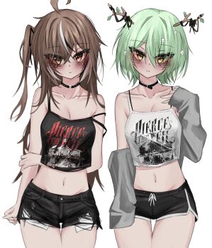  2girls absurdres ahoge akarinnndesu antlers belt_collar black_camisole black_shorts blush breasts brown_eyes brown_hair camisole ceres_fauna collar cowboy_shot dolphin_shorts green_hair highres hololive hololive_english horns long_hair looking_at_viewer medium_hair multicolored_hair multiple_girls nanashi_mumei navel pierce_the_veil_(band) ponytail shirt shorts sleeves_past_fingers sleeves_past_wrists smile strap_slip streaked_hair tree_horns virtual_youtuber white_camisole white_hair white_shirt yellow_eyes 