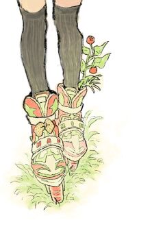  1girl artist_name bow close-up feet_only flower footwear_bow grass haemin0201 highres inline_skates kneehighs original roller_skates skates socks solo 