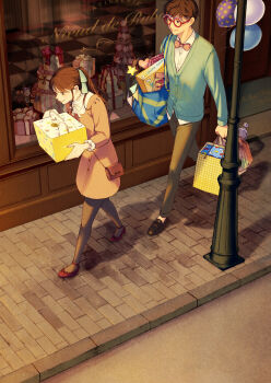  1boy 1girl absurdres bag bakery balloon bow bowtie box brown_hair cardigan closed_mouth commentary_request dress evening glasses hair_ribbon handbag highres holding holding_bag holding_box lamppost long_hair long_sleeves novelty_glasses orange_dress original outdoors pants pantyhose pastry_box ponytail ribbon road shirt shop shopping_bag short_hair sidewalk smile snails0106 street walking white_shirt 