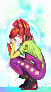  1girl absurdres blunt_bangs bucchake_(asami) earrings full_body gnosia hair_between_eyes heart heart_earrings heart_tattoo high_ponytail highres jewelry long_hair long_sleeves looking_at_viewer nail_polish ponytail red_hair simple_background smile solo sq_(gnosia) tattoo 