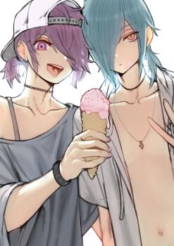  2boys 2n5 androgynous aqua_hair backwards_hat barbell_piercing baseball_cap bishounen bracelet choker closed_mouth collarbone commentary ear_piercing earrings hair_over_one_eye hat holding holding_ice_cream_cone ice_cream_cone industrial_piercing iriya-kun jewelry male_focus mikel-kun multiple_boys navel necklace open_clothes open_shirt original piercing ponytail purple_eyes purple_hair short_ponytail smile upper_body v yellow_eyes 