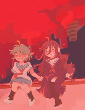  aeymii ahoge bandaid bandaid_on_leg black_shoes black_socks black_thighhighs blue_eyes blue_sailor_collar blue_skirt blush breast_pocket brown_hair building city cloud collared_shirt commentary danganronpa_(series) danganronpa_another_episode:_ultra_despair_girls english_commentary eyelashes fukawa_toko full_body glasses green_eyes green_hair hair_between_eyes hair_ornament hairclip high_heels highres holding_hands long_hair long_skirt long_sleeves mole mole_under_mouth naegi_komaru necktie nose_blush one_eye_closed open_mouth pocket purple_serafuku purple_shirt purple_skirt red_necktie red_sky round_eyewear sailor_collar scar scar_on_leg school_uniform serafuku shirt shoes short_hair short_sleeves sitting skirt skirt_set sky smile socks tally thighhighs torn_clothes torn_skirt very_long_hair white_sailor_collar white_shirt white_shoes yuri 