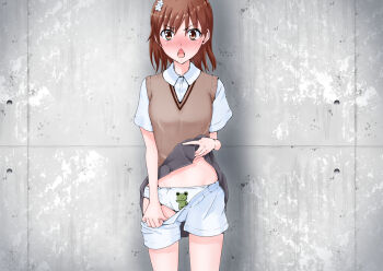  1girl :o against_wall blush breasts brown_eyes brown_hair brown_sweater_vest clothes_lift clothes_pull collared_shirt commentary_request flower gekota grey_skirt groin hair_flower hair_ornament highres lifting_own_clothes looking_at_viewer medium_hair mie_chau misaka_mikoto panties pants pants_pull pleated_skirt school_uniform shirt shirt_lift short_shorts short_sleeves shorts shorts_under_skirt skirt small_breasts solo sweater_vest toaru_kagaku_no_railgun toaru_majutsu_no_index tokiwadai_school_uniform tongue translation_request underwear v-neck white_panties white_shirt white_shorts 