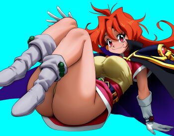  1girl absurdres aqua_background armor ass belt blue_background boots breasts cape closed_mouth commentary dress earrings english_commentary fang full_body gloves hair_between_eyes hair_intakes highres inker_comics jewelry large_breasts lina_inverse long_hair looking_at_viewer lying multicolored_cape orange_hair panties pantyshot purple_cape red_eyes red_hair short_dress short_sleeves shoulder_armor simple_background skin_fang skirt slayers smile solo thighs underwear upskirt white_gloves yellow_panties 