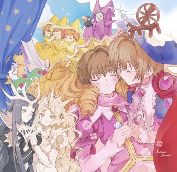  2boys 6+girls ^_^ black_dress black_hair blonde_hair blue_hat blunt_bangs blush brown_hair cape cardcaptor_sakura child closed_eyes commentary_request crown dark_(clow_card) dress glasses glint hano_luno hat hat_feather highres holding_hands juliet_sleeves kero_(cardcaptor_sakura) kinomoto_sakura kinomoto_sakura_(sakura_prince) li_syaoran li_syaoran_(princess_costume) light_(clow_card) long_hair long_sleeves mihara_chiharu multiple_boys multiple_girls prince princess puffy_sleeves red_cape sasaki_rika sleeping_beauty_(disney) smile tiara twintails wavy_hair white_hair wizard wizard_hat yamazaki_takashi yanagisawa_naoko yellow_dress 