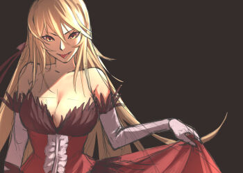  1girl bare_shoulders blonde_hair breasts cleavage collarbone dress elbow_gloves feather-trimmed_dress feather-trimmed_gloves feather_trim frills gloves hair_ribbon holding holding_unworn_clothes holding_unworn_dress kiss-shot_acerola-orion_heart-under-blade kizumonogatari large_breasts long_hair looking_at_viewer monogatari_(series) narumi_muran oshino_shinobu pointy_ears red_dress ribbon simple_background skirt_hold smile solo strapless strapless_dress tongue tongue_out vampire very_long_hair white_gloves yellow_eyes  rating:Sensitive score:6 user:danbooru