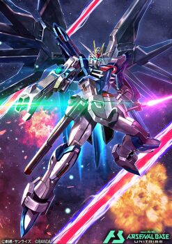  aqua_eyes beam_rifle commentary_request copyright_logo copyright_name copyright_notice energy_beam energy_gun energy_sword explosion eye_trail glowing glowing_eyes gun gundam gundam_arsenal_base gundam_seed gundam_seed_freedom holding holding_beam_saber holding_gun holding_sword holding_weapon kenko_(a143016) light_trail logo mecha mecha_focus mechanical_wings no_humans official_art rising_freedom_gundam robot solo space sword v-fin weapon wings 