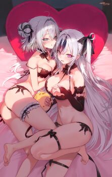  2girls absurdres ahoge ass azur_lane baby_animal bare_shoulders barefoot bird black_bra black_choker black_panties blue_eyes bow bra breasts bridal_gauntlets chick choker cleavage commentary_request elbe_(azur_lane) fang freng frilled_thigh_strap grin hair_bow hair_bun heart heart-shaped_pillow highres jade_(azur_lane) large_breasts leash lingerie long_hair looking_at_viewer lying manjuu_(azur_lane) medium_breasts mole mole_under_eye multicolored_hair multiple_girls navel on_side open_mouth panties pillow pink_eyes short_hair side-tie_panties sidelocks single_side_bun skindentation smile spaghetti_strap stomach strap_slip streaked_hair sweatdrop thigh_strap thighs two_side_up underwear underwear_only very_long_hair white_hair  rating:Sensitive score:17 user:danbooru