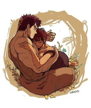 1boy 1boy1girls 1girl bad_tag barefoot berserk black_hair blanko casca_(berserk) couple curvy dark_skin feet guts_(berserk) happy loving_aura muscular muscular_male pectorals smile tomboy wounds