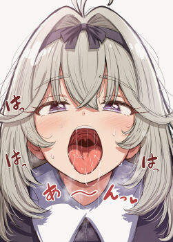  1girl antenna_hair black_hairband black_shirt commentary_request grey_background grey_hair hair_between_eyes hairband highres looking_at_viewer mame_rakko meitantei_precure! moria_luluka open_mouth precure purple_eyes saliva shirt simple_background solo teeth upper_body upper_teeth_only 