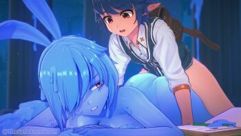  1boy 1girl 3d age_difference animated anna_anon annoyed artist_name ass audiohollow backpack bag blue_hair blue_skin blue_vest blush book bouncing_ass breasts clenched_teeth colored_skin completely_nude cowboy_shot elf embarrassed eyelashes from_above harulunava hetero huge_ass interspecies koikatsu_(medium) large_breasts long_pointy_ears looking_at_another looking_back looping_animation lying medium_hair monster_girl nude on_stomach onee-shota open_mouth orange_eyes original pointy_ears prone_bone rabbit_ears raytracingva_18_(voice_actor) red_eyes sex sex_from_behind shirt shota sideways_glance slime_girl sound tagme teeth vest video watermark white_shirt wiping_face wiping_sweat 