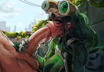  1boy 1girl alamander alternate_breast_size_(larger) asui_tsuyu bodysuit boku_no_hero_academia breasts clothed_female_nude_male colored_pubic_hair day erection fellatio goggles goggles_on_head green_bodysuit green_hair green_pubic_hair head_out_of_frame heart highres just_the_tip large_breasts large_penis lips long_hair looking_up male_pubic_hair midoriya_izuku nude oral penis penis_grab pubic_hair ringlets saliva skin_tight solo_focus stealth_fellatio stealth_sex superhero_costume testicles tongue uncensored 