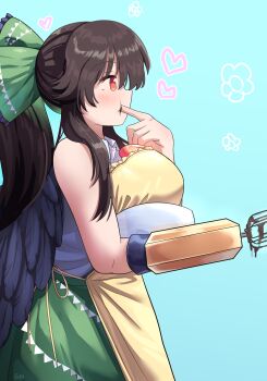  1girl apron arm_cannon bird_wings black_wings blue_background bow breasts brown_hair chocolate commentary english_commentary finger_in_own_mouth flower frilled_bow frills from_side green_bow green_skirt hair_bow heart highres large_breasts long_hair mixer_(cooking) ponytail profile red_eyes reiuji_utsuho rion_(user_ufvg8527) shirt simple_background skirt taste_testing third_eye third_eye_on_chest touhou valentine weapon wings yellow_apron 