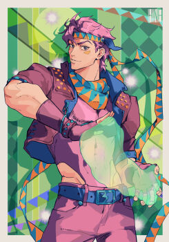  1boy battle_tendency belt bloody_stream blue_belt bubble caesar_anthonio_zeppeli facial_mark fingerless_gloves gloves highres hineshika jacket jojo_no_kimyou_na_bouken looking_at_viewer male_focus pants pink_gloves pink_hair pink_jacket pink_pants scarf short_sleeves smile solo triangle_print 