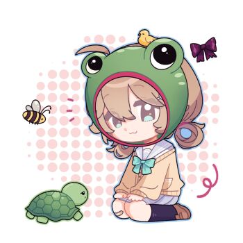  1girl :3 akitoupancoffee aqua_bow aqua_bowtie bandaid bandaid_on_knee bandaid_on_leg bee bird black_socks blue_eyes blue_sailor_collar blue_skirt bow bowtie brown_hair brown_shoes bug cardigan chibi chibi_only chicken closed_mouth commentary english_commentary frog_hat from_side hair_between_eyes hair_rings highres insect kneeling loafers long_sleeves neuro-sama pleated_skirt purple_bow sailor_collar shoes skirt socks turtle vedal987 vedal_ai virtual_youtuber yellow_cardigan 