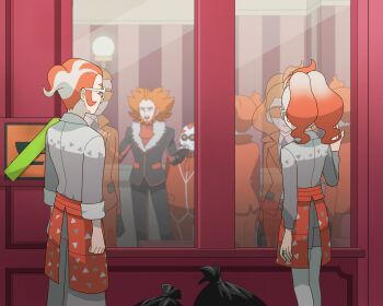  absurdres apron ascot beard black_gloves black_jacket black_necktie black_pants blue_eyes blurry closed_mouth collared_shirt colored_skin commentary_request different_reflection eyelashes facial_hair fingerless_gloves fur-trimmed_jacket fur_trim glasses gloves gradient_hair grey_hair grey_pants grey_shirt griselle_(pokemon) grisham_(pokemon) highres ichigo_15_36 jacket jewelry long_hair long_sleeves looking_inside lysandre_(pokemon) multicolored_hair multiple_boys multiple_girls necktie nintendo open_mouth orange-tinted_eyewear orange_eyes orange_hair pants pokemon pokemon_legends:_z-a pokemon_xy ponytail red_apron red_ascot red_jacket reflection ring round_eyewear shirt short_hair spoilers sunglasses team_flare team_flare_grunt team_flare_uniform teeth tinted_eyewear trash_bag twintails two-tone_hair upper_teeth_only white-framed_eyewear white_shirt white_skin window xerosic_(pokemon) 