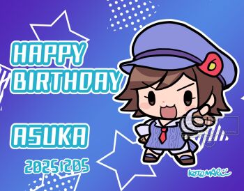  1girl :3 blue_background blue_cardigan blue_hat blush_stickers brown_hair cardigan character_name chibi chibi_only commentary_request full_body hat index_finger_raised kazama_asuka kotorai necktie open_mouth outline pointing pointing_forward short_hair solo star_(symbol) tekken tekken_8 v-shaped_eyebrows white_outline 