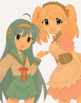  2girls 666trag ahoge apron asahina_mikuru asahina_mikuru_(cosplay) blonde_hair blue_eyes blue_hair blue_sailor_collar blue_skirt cosplay dress green_eyes highres izumi_konata kita_high_school_uniform long_hair lucky_star maid maid_apron maid_headdress mole mole_under_eye multiple_girls patricia_martin pink_dress sailor_collar school_uniform short_twintails skirt suzumiya_haruhi suzumiya_haruhi_(cosplay) suzumiya_haruhi_no_yuuutsu twintails 