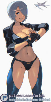  1girl angel_(kof) blue_eyes breasts female_focus gloves huge_breasts jacket large_breasts leather looking_at_viewer orlek orlek_ pale_skin panties shiny_skin short_hair smile smiley_face standing the_king_of_fighters thick_thighs thighs underwear white_hair wide_hips 