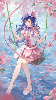  1girl absurdres blue_eyes braid cherry_blossoms closed_mouth commentary dress happy_birthday hat highres hu_pi_xuan_jiao long_hair love_live! love_live!_school_idol_project pink_dress pink_hat shoes side_braids sitting solo sonoda_umi swing white_shoes yellow_eyes 