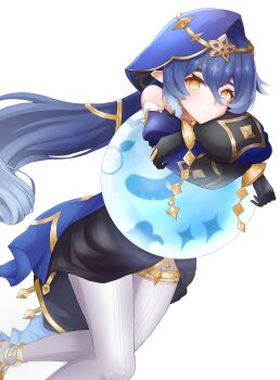  1girl black_gloves blue_hair blue_veil closed_mouth commentary detached_sleeves feet_out_of_frame genshin_impact gloves hair_between_eyes highres layla_(genshin_impact) leaning_forward light_smile long_hair looking_at_viewer mako_(cvyt5325) pantyhose simple_background solo veil very_long_hair white_background white_pantyhose yellow_eyes 