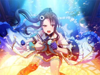  1girl akikaze_rui asymmetrical_legwear black_hair blue_dress blue_gloves blue_necktie clenched_hands collared_dress dress game_cg gears gloves gradient_clothes gradient_dress hair_ornament half_gloves jacket long_hair looking_at_viewer necktie official_art open_mouth ponytail red_eyes shoujo_kageki_revue_starlight shoujo_kageki_revue_starlight_-re_live- sidelocks sleeveless sleeveless_dress solo spotlight tarot the_hanged_man_(tarot) uneven_eyes uneven_legwear upper_body v-shaped_eyebrows white_jacket 