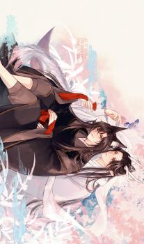  2boys adapted_costume aki_uzuzame alcohol alternate_costume alternate_hairstyle animal_ears bishounen black_hair black_kimono closed_eyes closed_mouth colored_smoke commentary_request couple cup dragon_boy dragon_horns dragon_tail eastern_dragon_horns eastern_dragon_tail flower fox_boy fox_ears fox_tail grey_pants hair_between_eyes hair_down hand_up headband highres holding holding_cup holding_jug horns hug hug_from_behind japanese_clothes jug_(bottle) kemonomimi_mode kimono lan_wangji leaf liquor long_hair long_sleeves looking_at_another lying male_focus modao_zushi multiple_boys on_back outdoors pants pointy_ears purple_eyes robe sakazuki shawl sideways sitting smile smoke tail topknot twitter_username very_long_hair wei_wuxian white_headband white_kimono white_shawl wide_sleeves xiao_guan_(headdress) yaoi yellow_eyes 