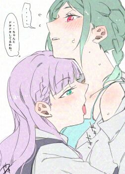  2girls adversarial_noise aqua_eyes blue_camisole blush camisole commentary_request green_hair highres licking licking_another's_neck long_hair love_live! love_live!_superstar!! multiple_girls onitsuka_tomari parted_lips pink_eyes purple_hair shirt simple_background speech_bubble surfacedxxc thought_bubble tongue tongue_out translation_request white_background white_shirt wien_margarete yuri 