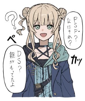  1girl ? blonde_hair blue_jacket commentary_request criss-cross_halter double_bun empty_eyes green_eyes hair_bun halterneck highres hood hood_down hooded_jacket jacket kaburaki_roco kaburaki_roco_(1st_costume) kei_fumei long_sidelocks nijisanji open_clothes open_jacket open_mouth sidelocks simple_background solo speech_bubble straight-on stuck_in_the_past translated upper_body virtual_youtuber white_background 