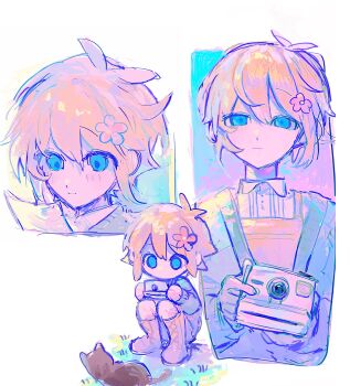  1boy alternate_costume antenna_hair basil_(birthday)_(omori) basil_(faraway)_(omori) basil_(omori) blonde_hair blue_eyes blush camera cardigan cat chibi closed_mouth collared_shirt commentary_request double-parted_bangs flower green_cardigan hair_between_eyes hair_flower hair_ornament highres hinshi_hp0 holding holding_camera long_sleeves looking_at_viewer male_focus omori shirt short_hair sidelocks smile solo white_shirt 