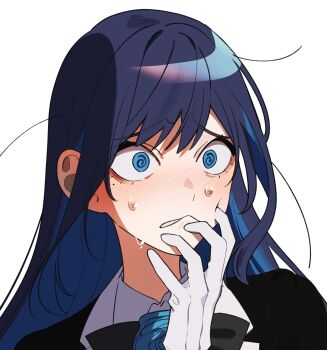  1girl ado_(utaite) biting_own_lip blue_eyes blue_hair blush chando_(ado) commentary gloves highres long_hair mole mole_under_eye nervous_sweating riseno simple_background solo sweat untranslatable_commentary upper_body utaite white_background white_gloves 