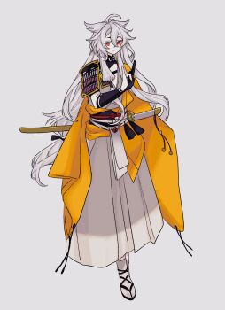  1boy animal_ears armor black_bow black_gloves black_shrug bow closed_mouth commentary_request fan_request flower_knot fox_boy fox_ears fox_shadow_puppet full_body gloves grey_background grey_hakama hadanugi_dousa hair_bow hakama hakama_skirt hand_up highres japanese_armor japanese_clothes katana kimono kogitsunemaru limo_nine long_hair looking_at_viewer low-tied_long_hair male_focus odaibako open_kimono partially_fingerless_gloves partly_fingerless_gloves red_eyes sandals sheath sheathed shoulder_armor shrug_(clothing) signature simple_background skirt smile sode solo standing sword tabi tassel touken_ranbu very_long_hair weapon white_hair yellow_kimono yugake 