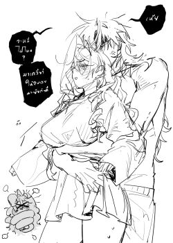  1boy 1girl anger_vein arms_under_breasts blush breasts chibi commentary_request couple cowboy_shot dress gohagan_(unholymilk) hair_between_eyes highres hug hug_from_behind large_breasts long_hair long_sleeves open_mouth original pants simple_background sketch snake snake_wrapped_around_body speech_bubble sweatdrop thai_commentary thai_text topless_male translation_request unholymilk white_background white_dress x_mouth 