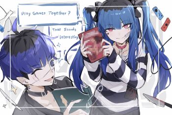  1boy 1girl ^_^ amemiya_darumi black_bow black_collar black_hair black_haori blue_hair book bow censored closed_eyes collar earrings english_text engrish_text eye_print eyepatch face_piercing facial_mark fishicon flask grey_kimono hair_bow haori heart heart_facial_mark highres holding holding_book holding_game_cartridge japanese_clothes jewelry kimono knife labret_piercing long_hair makeup mosaic_censoring multicolored_hair nintendo_switch omokage_yugamu open_mouth piercing pink_eyes print_eyepatch ranguage red_collar safety_pin shirt short_hair smile sparkle speech_bubble striped_clothes striped_shirt the_hundred_line_-last_defense_academy- twintails 