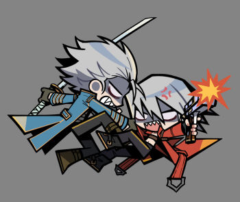  2boys anger_vein angry black_gloves black_pants black_shoes blank_eyes blue_coat brothers chest_strap clenched_teeth clothing_cutout coat commentary_request dante_(devil_may_cry) deformed devil_may_cry devil_may_cry_(series) devil_may_cry_3 fighting fingerless_gloves glove_cutout gloves grey_background grey_hair gun hair_slicked_back handgun holding holding_gun holding_sword holding_weapon katana korean_commentary long_sleeves male_focus multiple_boys open_mouth pants pizzaaschoolll red_coat shoes short_hair siblings simple_background sword teeth twins upper_teeth_only vergil_(devil_may_cry) weapon yamato_(sword) 