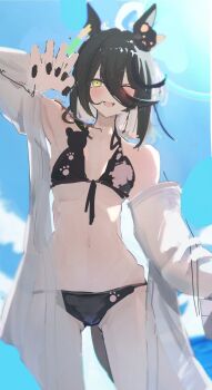  1girl bikini groin looking_at_viewer lowleg lowleg_bikini manhattan_cafe_(umamusume) navel one_eye_closed swimsuit tagme umamusume wink 