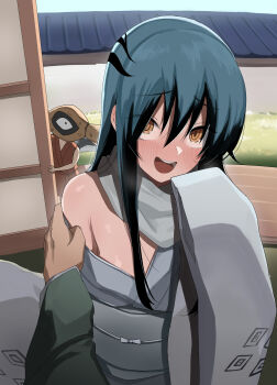  1girl 2boys absurdres blush commentary_request creature enarizushi_(donkichikin) hair_between_eyes highres japanese_clothes long_hair looking_at_viewer multiple_boys natto_kozou nura_rikuo nurarihyon_no_mago obi oikawa_tsurara pov pov_hands ringed_eyes sash smile sweat undressing_another wide_sleeves yellow_eyes yuki_onna_(nurarihyon_no_mago) 