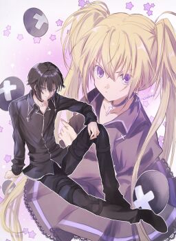  1boy 1girl black_dress black_hair black_pants black_shirt blonde_hair blunt_bangs choker commentary_request dress full_body hano_luno highres hoshina_utau juliet_sleeves long_sleeves looking_at_viewer pants puffy_sleeves purple_eyes shirt short_hair shugo_chara! smile star_(symbol) tsukiyomi_ikuto twintails x-egg_(shugo_chara!) 