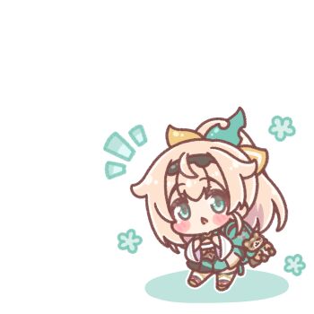  1girl :< backpack bag black_hairband blue_eyes blue_skirt blush_stickers brown_hair chibi colored_shadow commentary_request hair_between_eyes hairband highres hololive kazama_iroha long_sleeves mitarashi_neko notice_lines parted_lips pleated_skirt pokobee ponytail shadow simple_background skirt solo triangle_mouth virtual_youtuber white_background wide_sleeves 