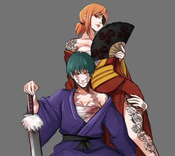  2girls commentary dress eyepatch green_hair highres jewelry jujutsu_kaisen kugisaki_nobara lumen_sky multiple_girls necklace orange_hair parted_lips red_dress scar scar_across_eye scar_on_arm scar_on_back scar_on_face short_hair smile zen'in_maki zen'in_maki_(post_shibuya) 