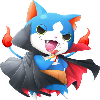  black_cloak blue_fur cloak cocktail_glass cup drinking_glass fangs fire flame-tipped_tail full_body gabunyan haramaki highres hitodama holding holding_cup looking_at_viewer multiple_tails nammymoris no_humans notched_ear red_fire simple_background solo tail two_tails white_background youkai_(youkai_watch) youkai_watch 