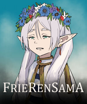  1girl ai-generated_art_(topic) capelet character_name clenched_teeth commentary_request earrings elf floating_earrings forehead frieren green_background green_eyes grey_hair head_wreath highres jewelry long_hair long_sleeves looking_at_viewer midsommar parted_bangs pointy_ears sad sidelocks simple_background solo sousou_no_frieren teeth tenten_(chan4545) thick_eyebrows twintails upper_body white_capelet  rating:General score:9 user:danbooru